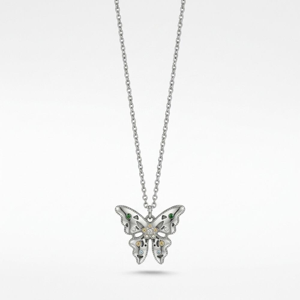 Silver-tone metal butterfly necklace green gemstone accents crystal rhinestones